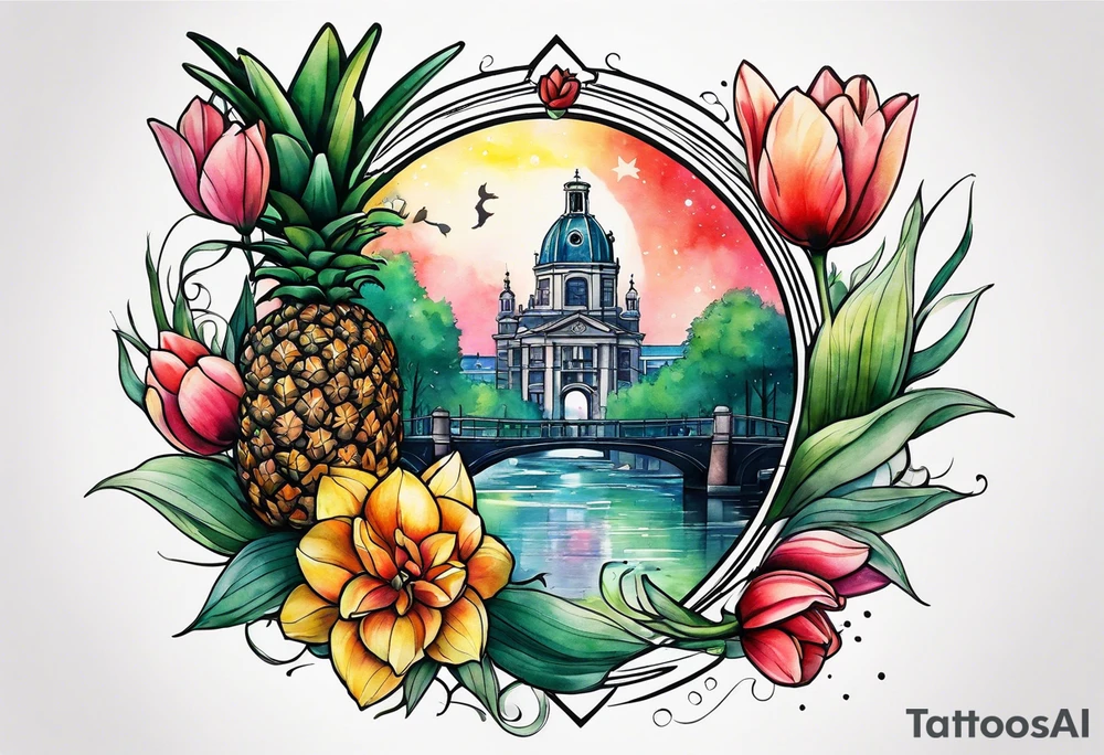 Watercolour style arm tattoo with pineapples and tulips under Amsterdam canal in space featuring wildlife, stag deer and pineapples tattoo idea