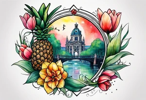 Watercolour style arm tattoo with pineapples and tulips under Amsterdam canal in space featuring wildlife, stag deer and pineapples tattoo idea