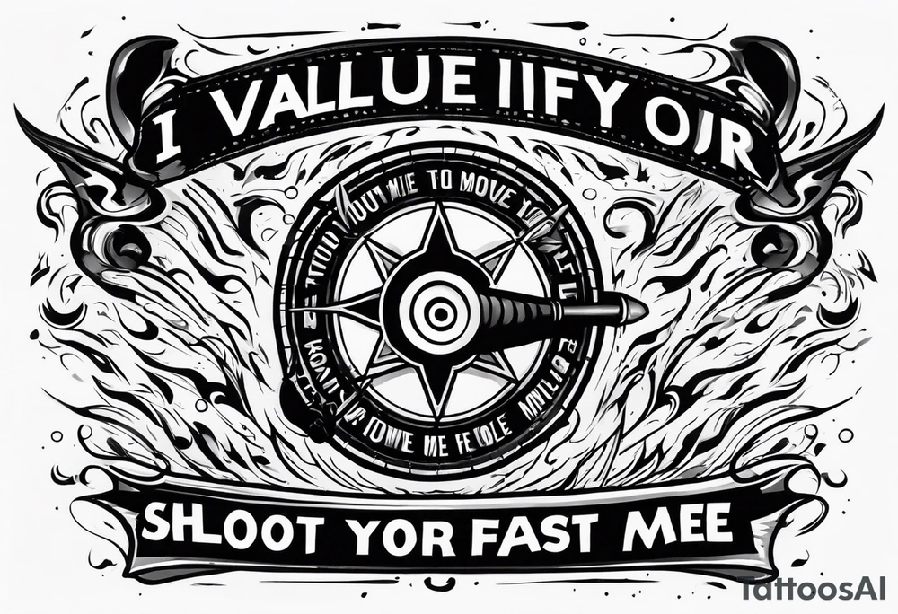 “I you value your life. Shoot straight, move fast and follow me” with bullseye in flames tattoo idea