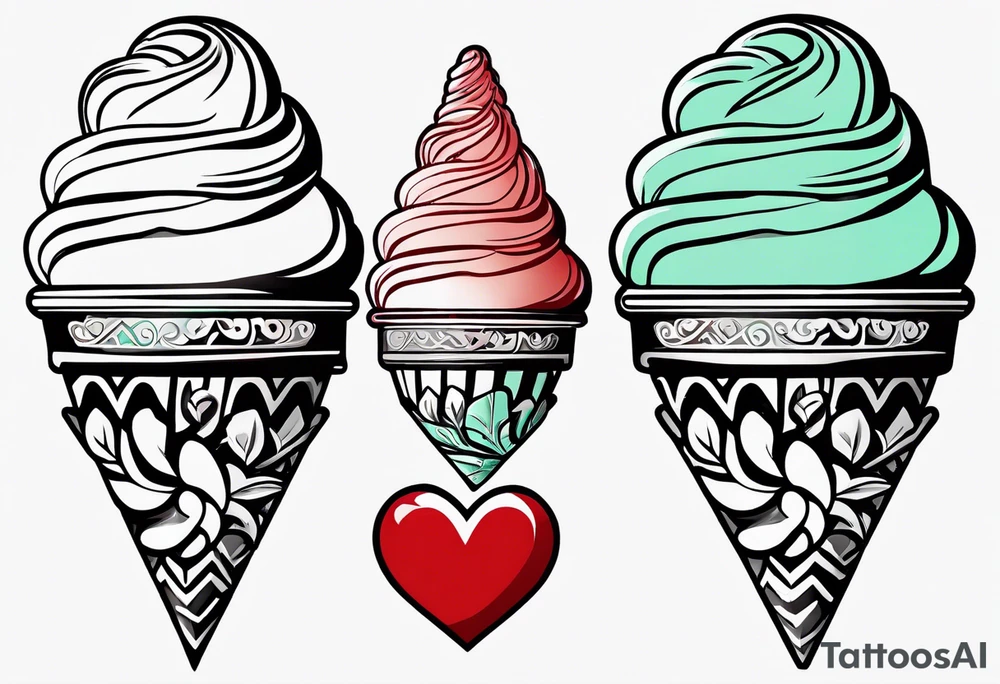 mint chocolate chip ice cream cone with small red heart on it somewhere. tattoo idea