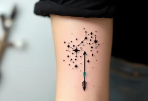 A simple Sagittarius star constellation design with black stars connected by fine white lines, hovering above a faded turquoise arrow. tattoo idea