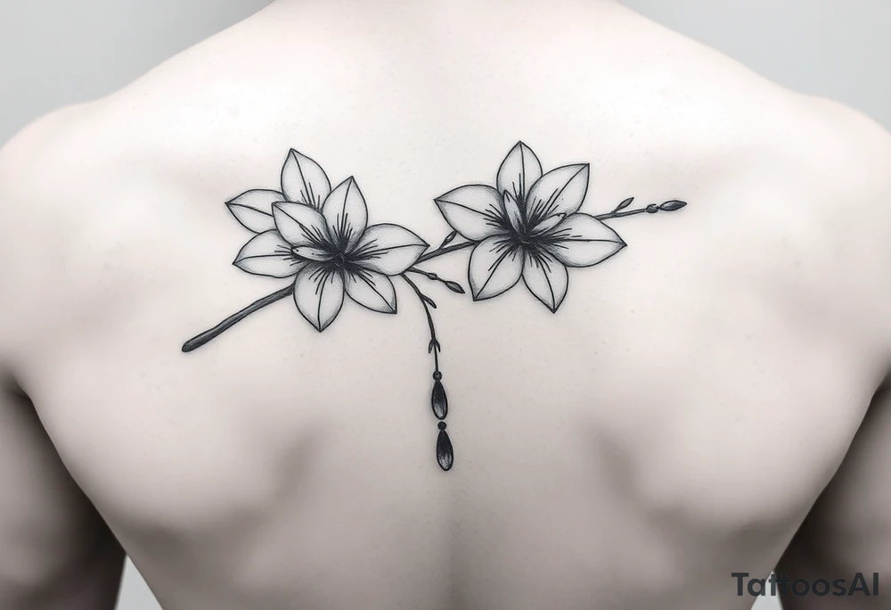 jacaranda flowers from a long branch with lace drop embellishment feminine tattoo idea