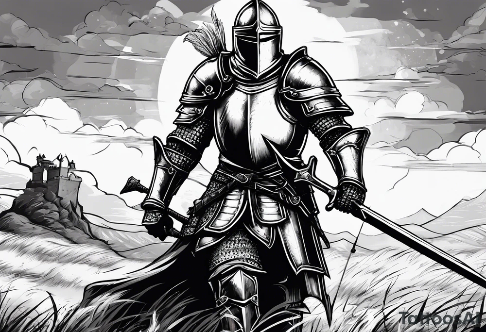 A knight in armor except the helmet on the brink of death pierced with arrows propping himself up with his sword on a seemingly bleak battlefield while still looking up with hope tattoo idea