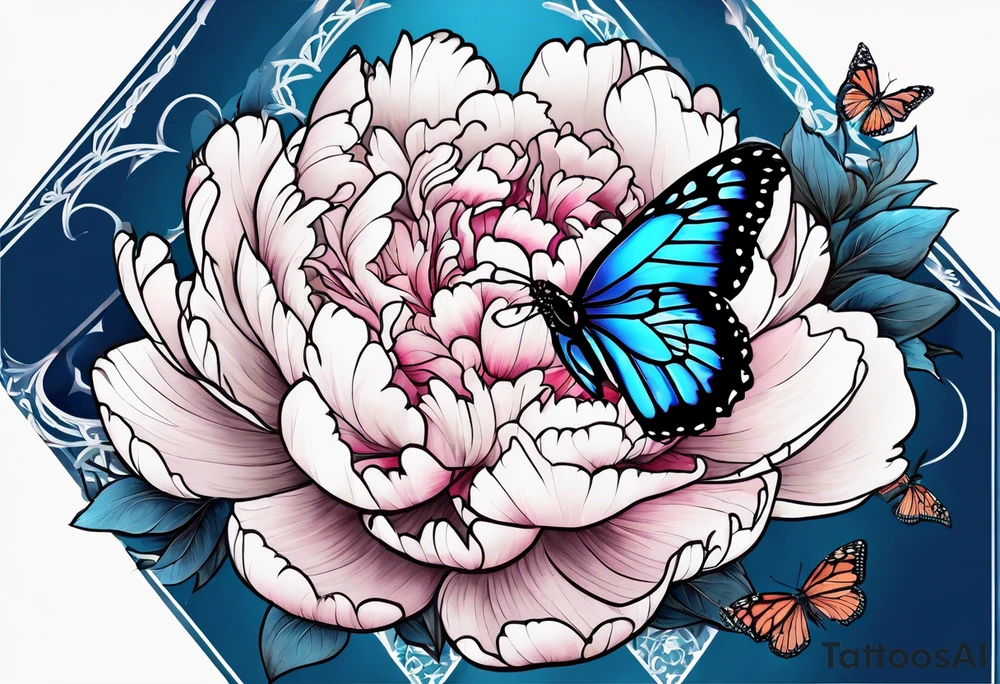 Peony with blue monarch butterflies tattoo idea