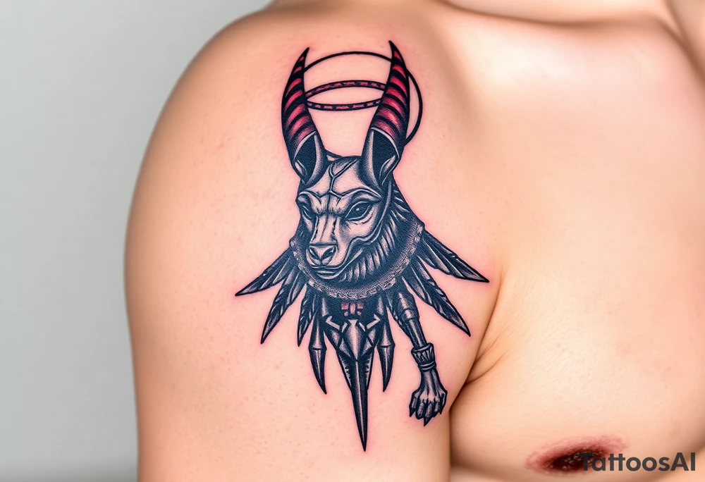 An Anubis with a Halo – Blending Egyptian mythology with Christian spirituality, symbolizing protection and righteousness (Red black and chrome blue are only colors possible) tattoo idea