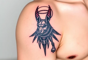 An Anubis with a Halo – Blending Egyptian mythology with Christian spirituality, symbolizing protection and righteousness (Red black and chrome blue are only colors possible) tattoo idea