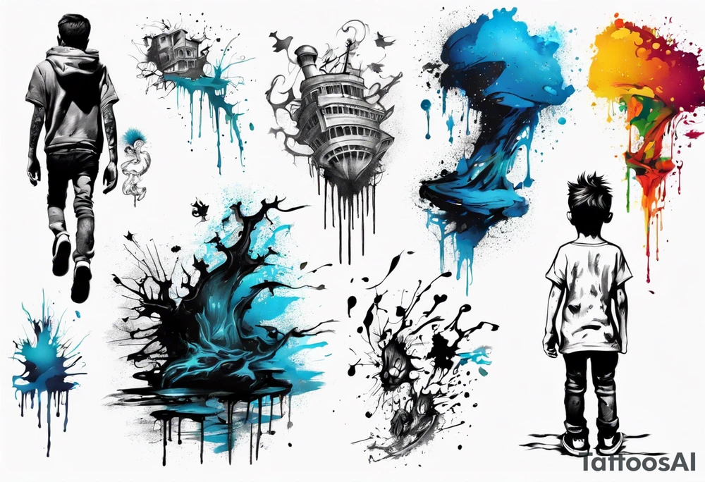 Paint splash drawing a lost boy walking alone tattoo idea