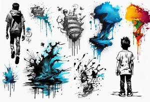 Paint splash drawing a lost boy walking alone tattoo idea