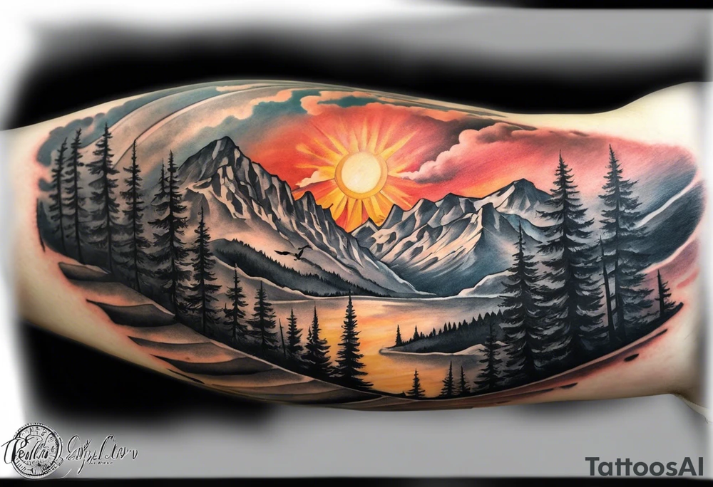 Half sleeve. View from the base of the mountains looking up to the sun. The sun is a clock that reads 12:01 to signify a new day. I want a clock tower in the middle of the mountains with the times my two sons were born. This tattoo represents overcoming massive obstacles and becoming a better person. tattoo idea