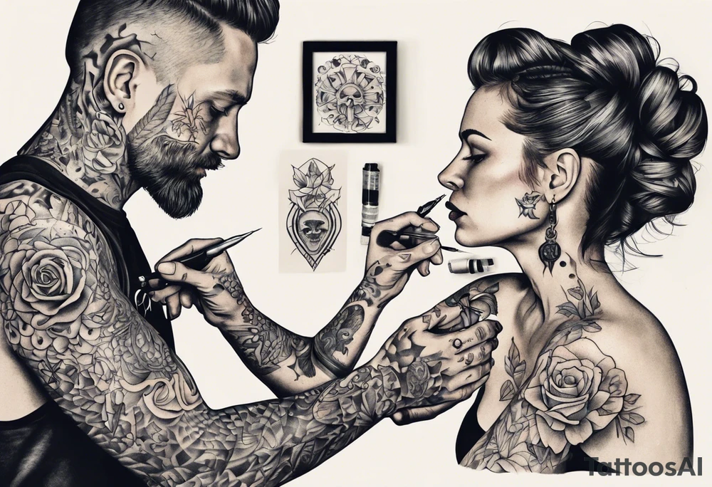 man getting tattooed by a woman tattoo idea