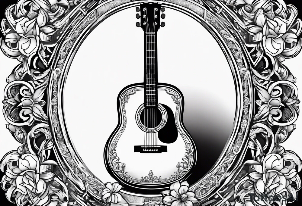 detailed christian cross with acoustic guitar tattoo idea