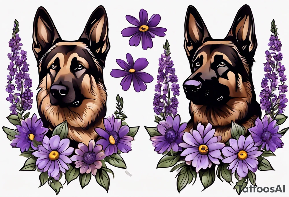 Dark brown, German shepherd with purple daisies tattoo idea