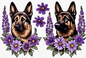 Dark brown, German shepherd with purple daisies tattoo idea