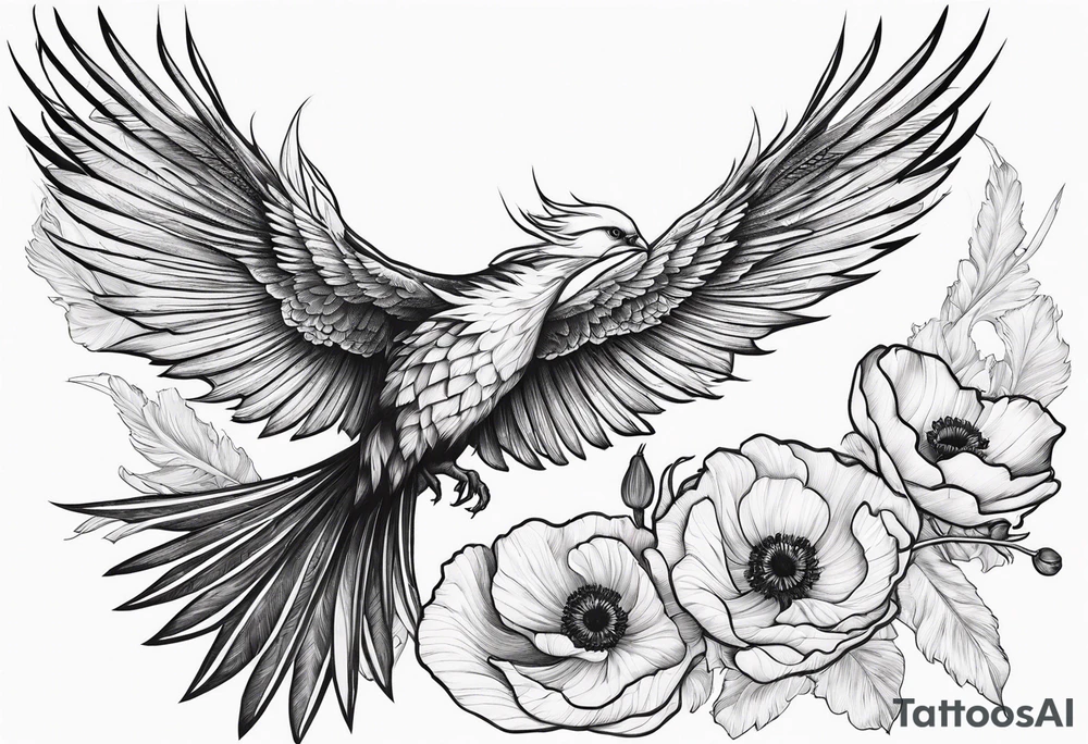 elongated phoenix in flight 
in profile long tail with claws holding poppies falling tattoo idea