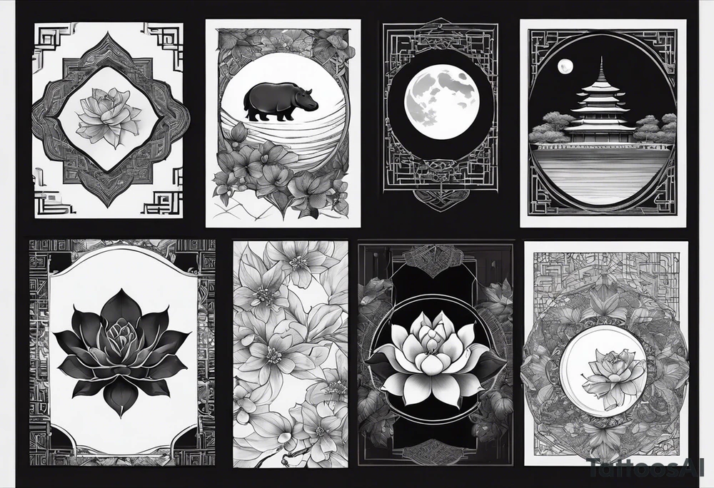 Very asymmetrical, +geometric pattern, with realistic full moon, with seeious looking hippo, +zen feel, + Buddhism touch,
with wintersweet flower bud, +portrait orientation, +inkart touch, tattoo idea