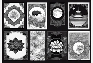 Very asymmetrical, +geometric pattern, with realistic full moon, with seeious looking hippo, +zen feel, + Buddhism touch,
with wintersweet flower bud, +portrait orientation, +inkart touch, tattoo idea