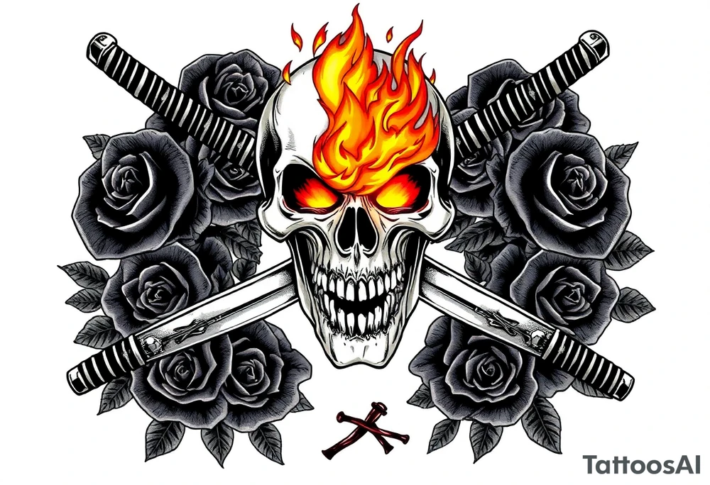 A skull burning intensely, katanas crossed, surrounded by dark roses. tattoo idea