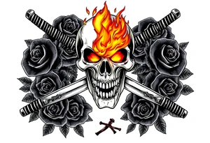 A skull burning intensely, katanas crossed, surrounded by dark roses. tattoo idea