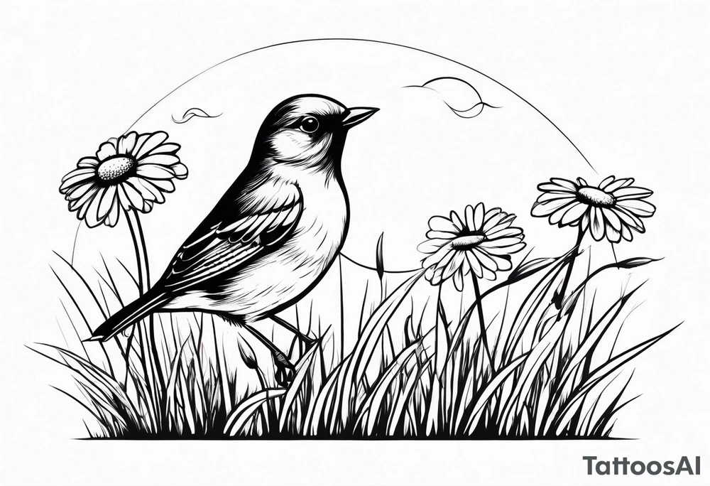 Little bird out perched on a field of grass and daisys tattoo idea