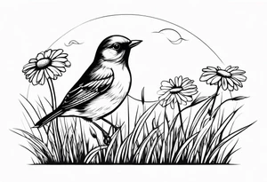 Little bird out perched on a field of grass and daisys tattoo idea