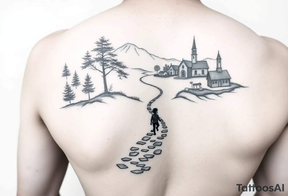 designing a black and white tattoo for a half-sleeve on shoulder: path beginning in the bottom end and winding upwards. The first third starting at the bottom. On the left are a few trees and on the right side a village and a school. A child is walking the path. tattoo idea