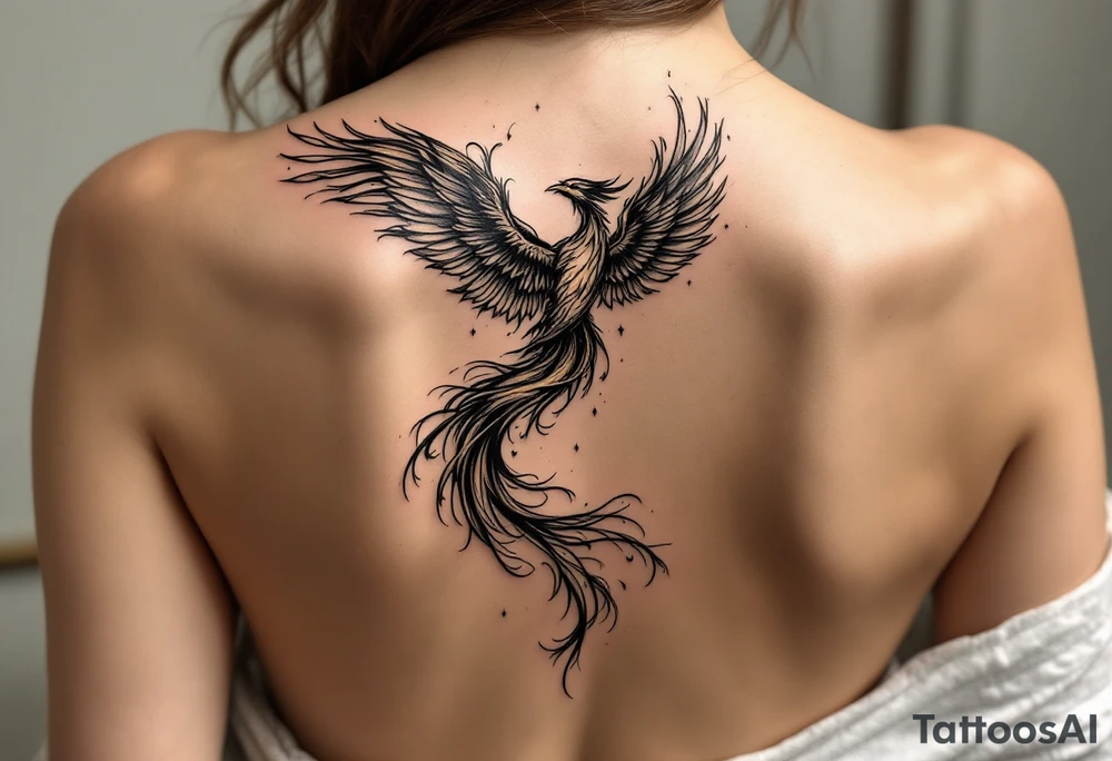 magnificent phoenix rising from golden flames with trailing embers tattoo idea