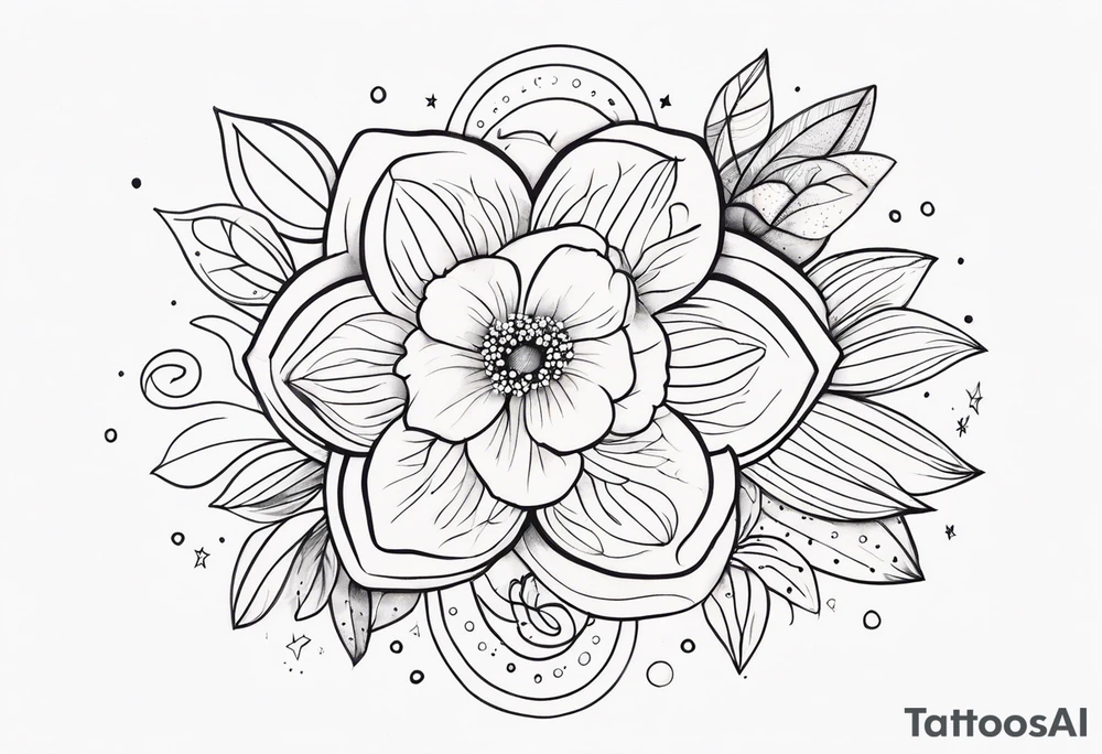 fine line floral with stars, swirls, dots tattoo idea