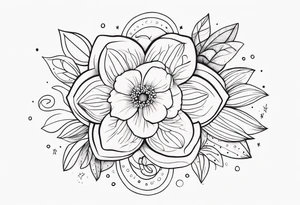 fine line floral with stars, swirls, dots tattoo idea