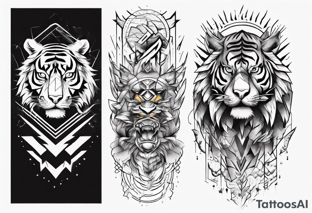tiger warrior with lightning and the sun for a forearm sleeve tattoo idea