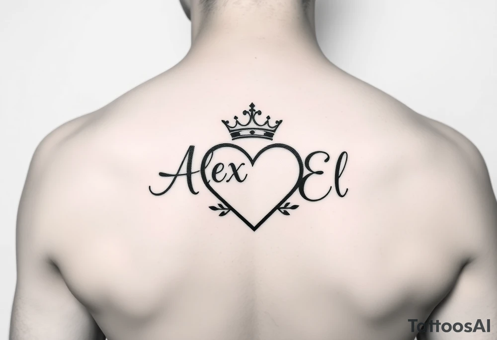 the name Alex and El in a heart with crown tattoo idea