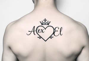 the name Alex and El in a heart with crown tattoo idea