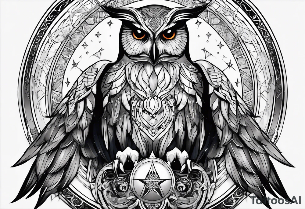 the demonic prince stolas of the ars goethia, who looks like an owl and is obssesed whit astronomy, magic, astrology and gems, with his sigil of invocation containing the word "STOLAS" on the background tattoo idea