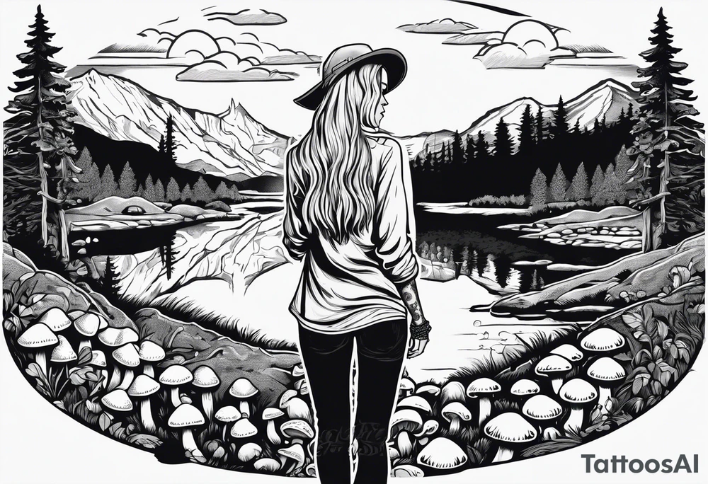 Whole picture encircled fully

Straight long blonde hair hippie girl in distance holding mushrooms in hand facing away toward mountains and creek surrounded by mushrooms long sleeve shirt and hiking pants; whole rendering within a full circle, no cut off circle tattoo idea