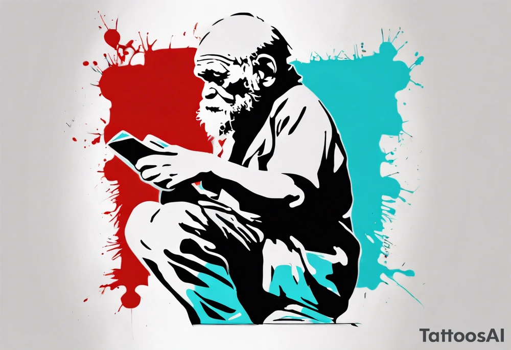 BANKSY ART STYLE, red and cyan, Pigment, picture, Nobel prize, Darwin tattoo idea