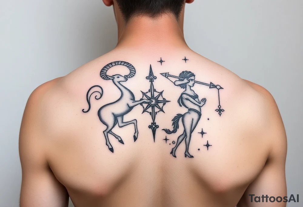 combine the symbols for capricorn and sagittarius with some celestial items interspersed small and combine them together and use the zodiac symbol tattoo idea