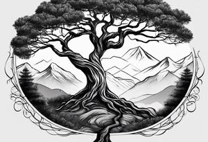 Tree on a mountain with branches for children and grandchildren’s names with roots wrapping around wrist and tree extending to just below elbow tattoo idea