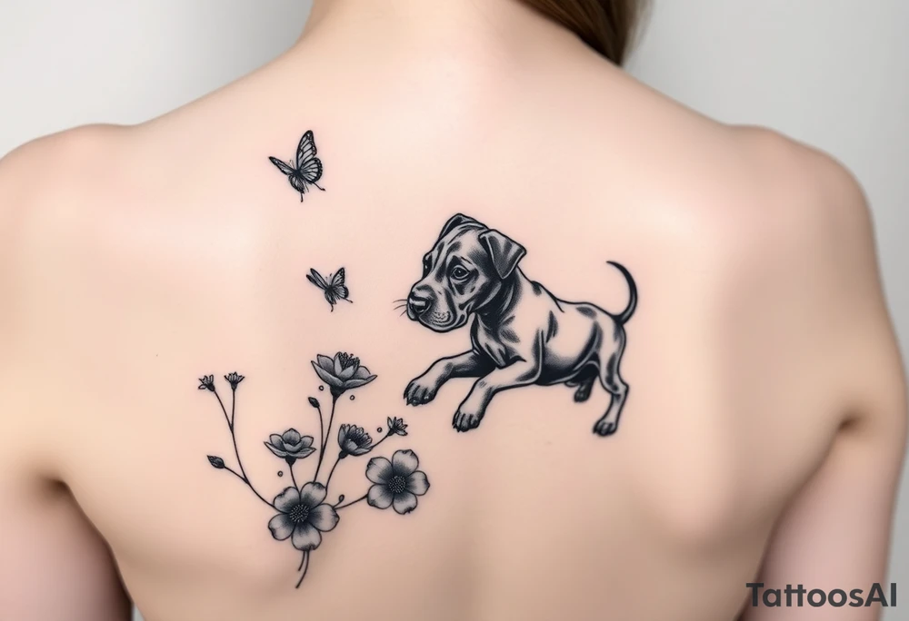 Small tattoo of Great Dane puppy playing in flowers and chasing a butterfly. tattoo idea