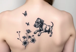 Small tattoo of Great Dane puppy playing in flowers and chasing a butterfly. tattoo idea