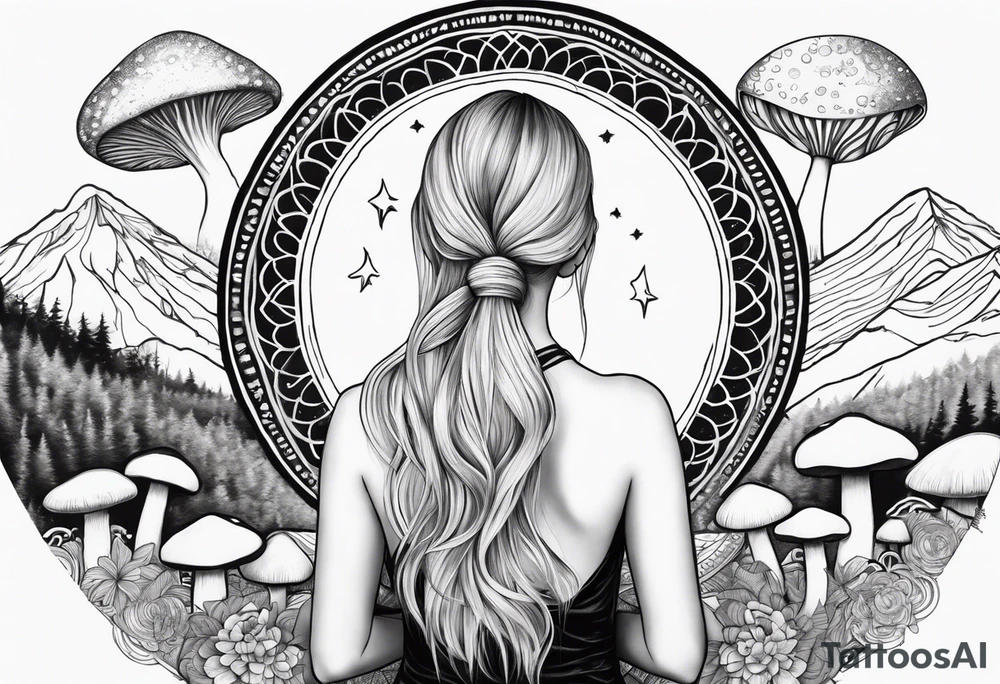 Straight blonde hair girl meditating facing away toward mountains surrounded by mushrooms crescent moon mandala circular design black and white striped dress tattoo idea