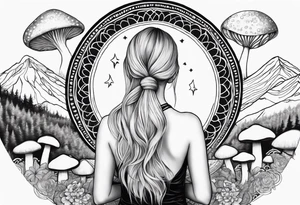 Straight blonde hair girl meditating facing away toward mountains surrounded by mushrooms crescent moon mandala circular design black and white striped dress tattoo idea