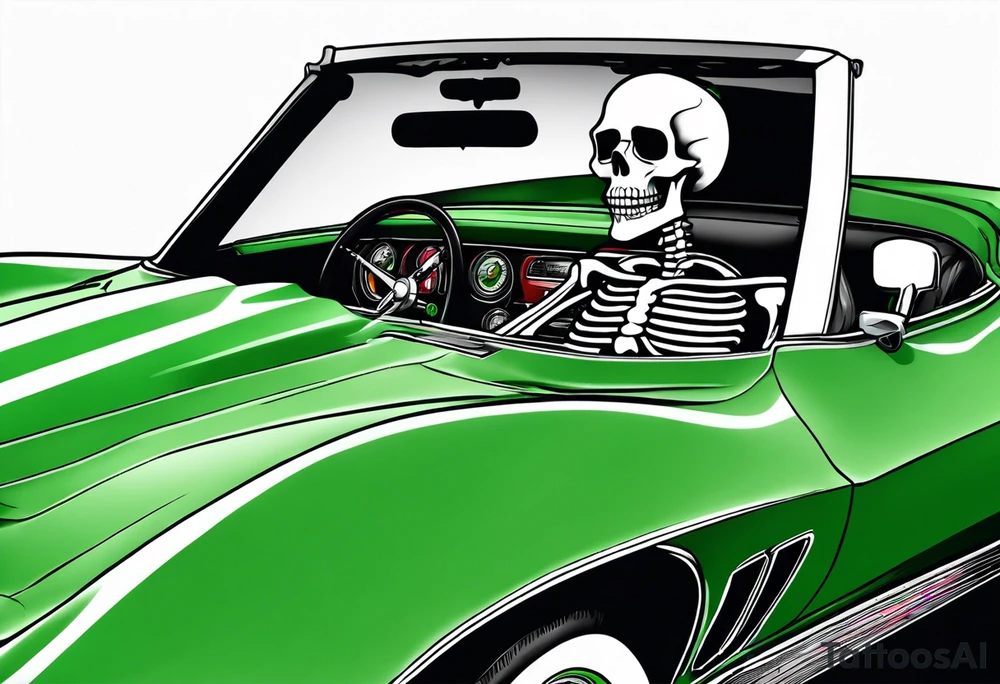 Skeleton smoking a cigarette driving a green 1976 convertible Corvette tattoo idea