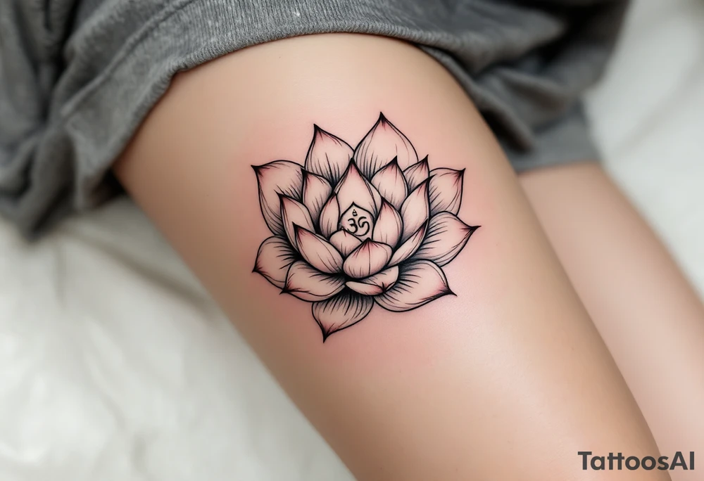 A delicate lotus flower  placed in a circle shape, with the petals soft and flowing outward. In the center, a subtle Buddha's face or a small Om symbol to represent inner peace and enlightenment. tattoo idea