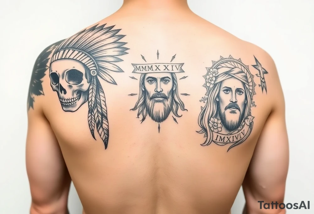 Arm sleeve tattoo. Starting at the shoulder black Indian headdress skull face with red strip war paint on left side of skull, Jesus Christ on forearm, floral background, MMXII and MMXIV on each side of Jesus. tattoo idea