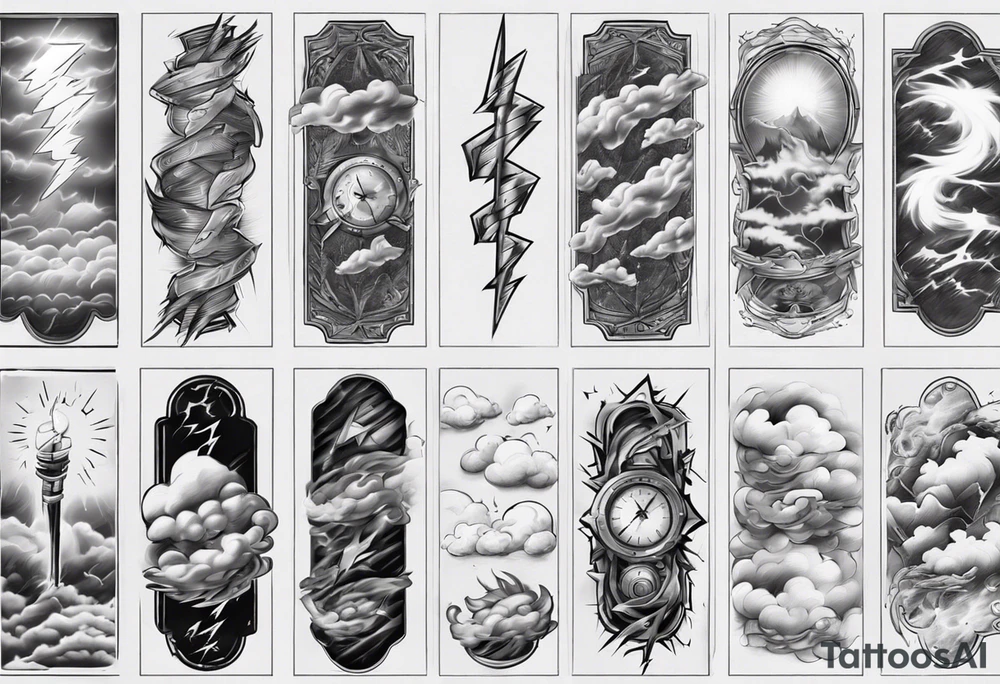 forearm sleeve lightning and clouds pattern tattoo idea