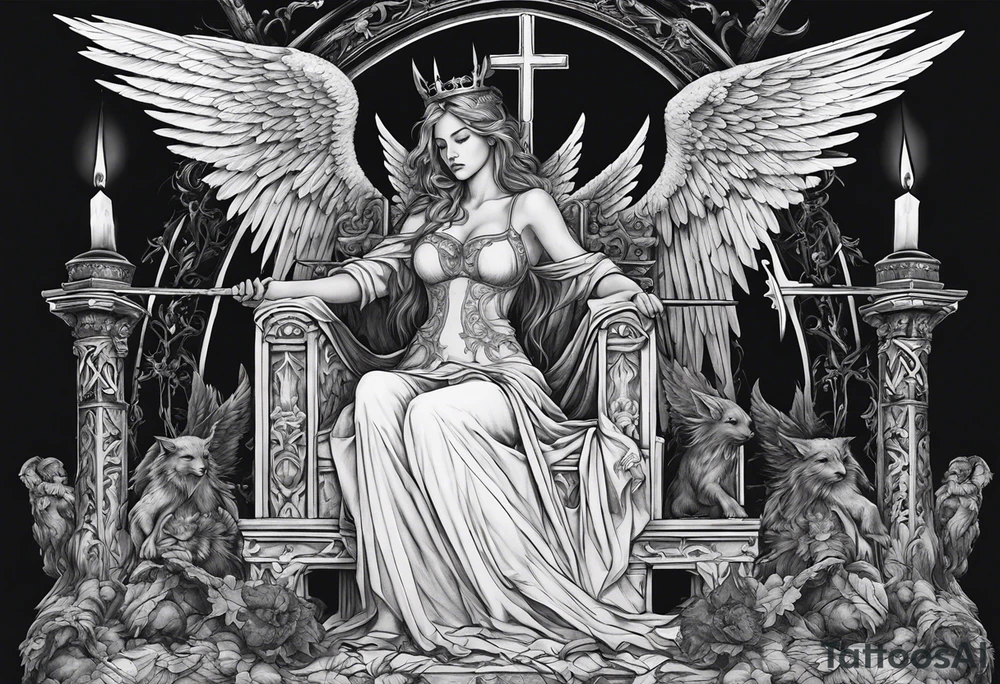 girl angel sitting in a throne with a staff with a cross at the top, a devil laying on the ground by the angels feet being stabbed in the chest by the staff tattoo idea