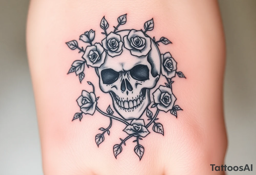 gothic skull intertwined with climbing roses and thorny vines tattoo idea