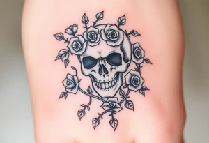 gothic skull intertwined with climbing roses and thorny vines tattoo idea