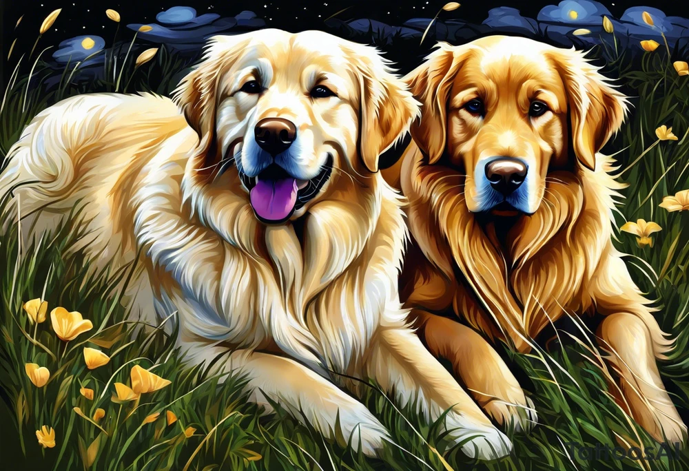 two dogs one is a dark colored golden retriever and the other is a light colored yellow lab. They are happy. tattoo idea