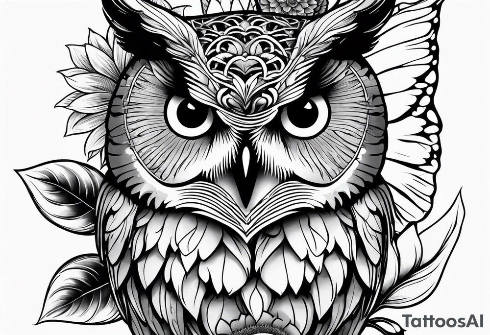 Sleeve with an owl, sunflower and butterfly tattoo idea