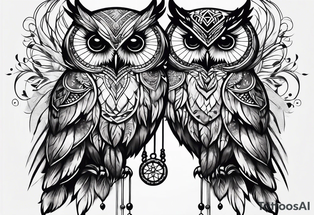 Owl and dreamcatcher back of calf idea tattoo idea